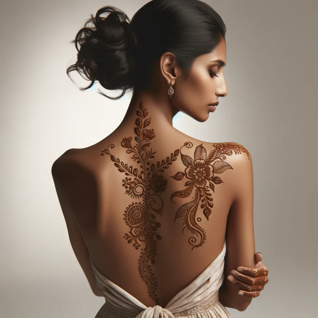 Beautiful Floral mehndi design applied on a woman's back for Beach Vacation with intricate patterns and detailed motifs