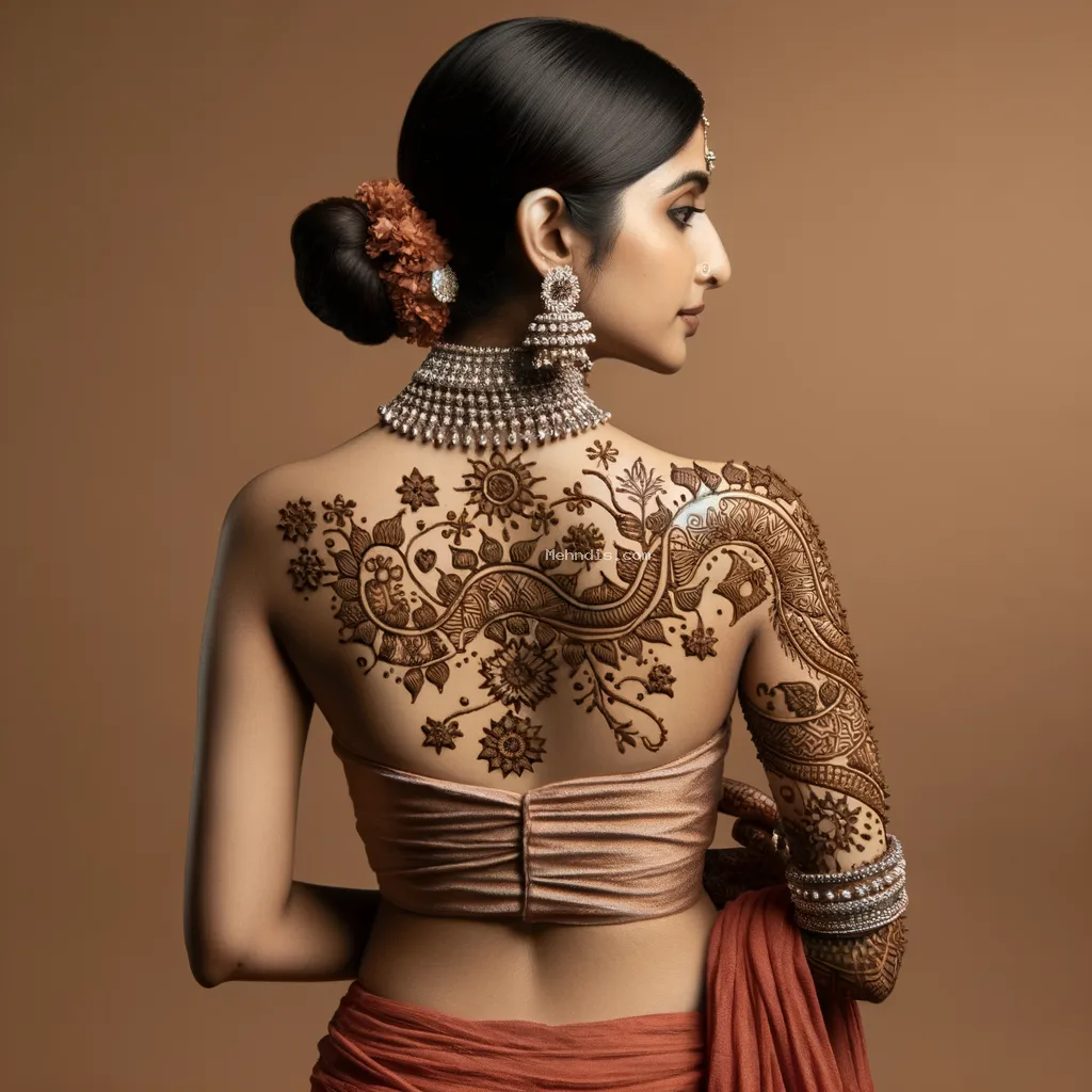 home 34 Beautiful Bharma mehndi design applied on a woman's back for Holi with intricate patterns and detailed motifs