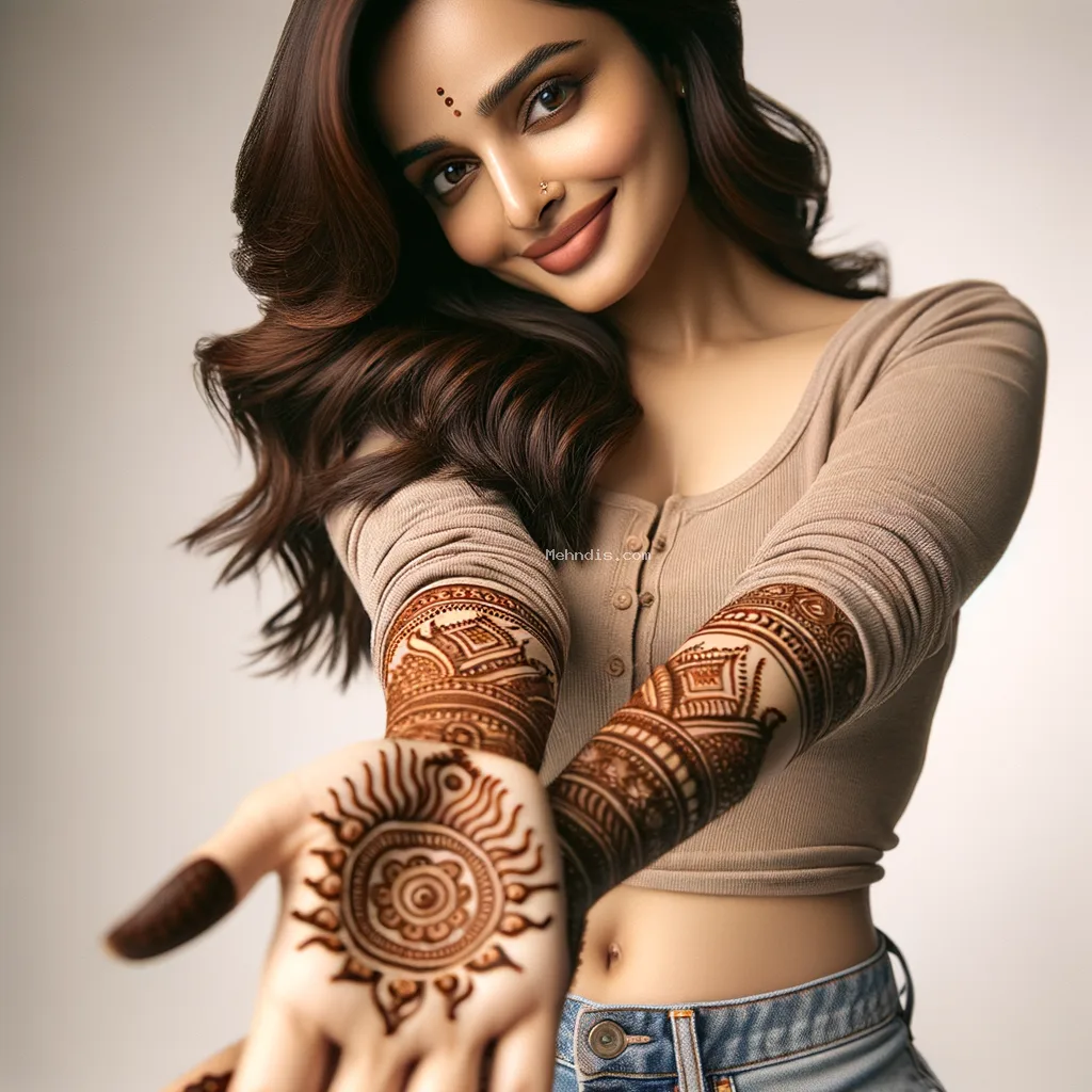 home 32 Beautiful Bharma mehndi design applied on a woman's hand for Janmashtami with intricate patterns and detailed motifs