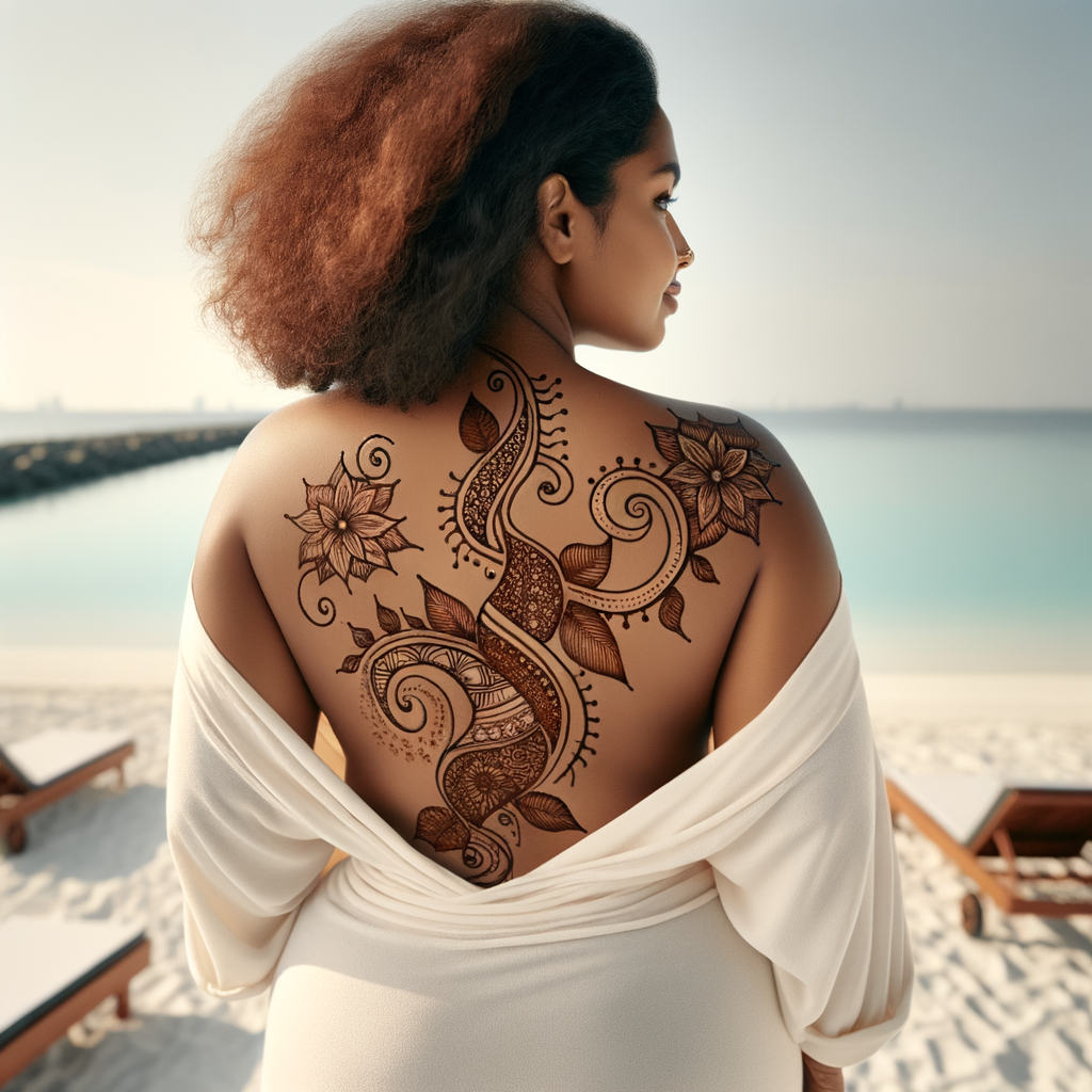 Beautiful Arabic Mehndi Design for Beach Vacation 1 Beautiful Arabic mehndi design applied on a woman's back for Beach Vacation with intricate patterns and detailed motifs - rotated view