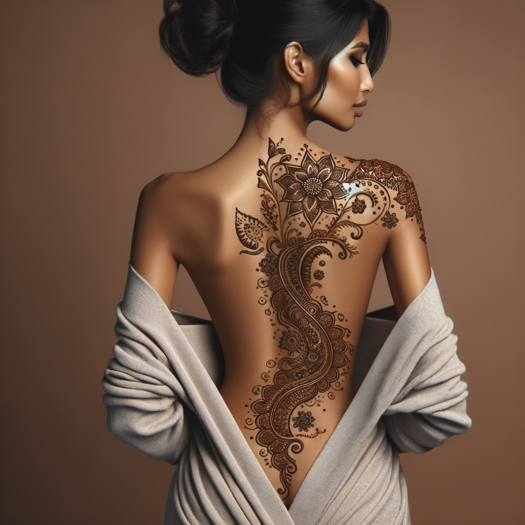 Intricate Indo-Arabic Mehndi Pattern for Onam 1 Beautiful Indo-Arabic mehndi design applied on a woman's back for Onam with intricate patterns and detailed motifs - rotated view