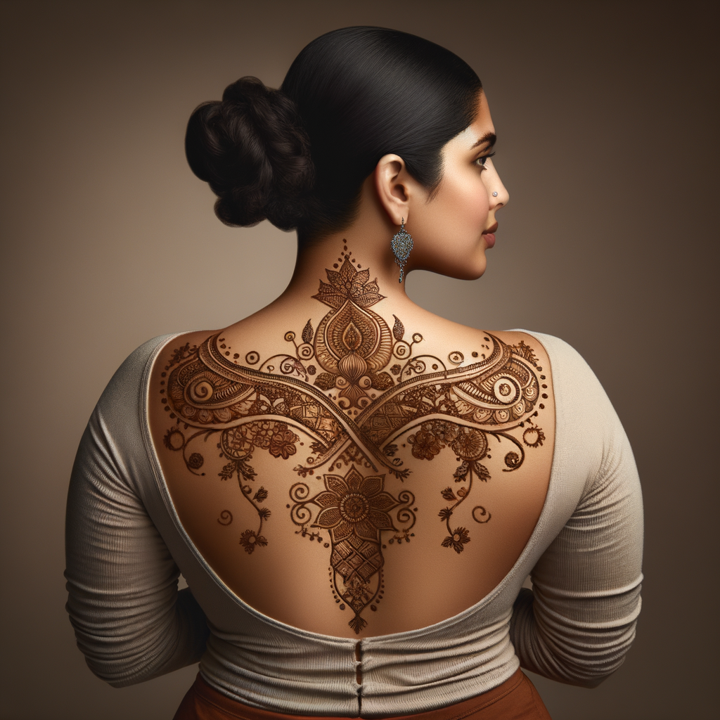 Stunning Indo-Arabic Mehndi Pattern for Festival on Back 1 Beautiful Indo-Arabic mehndi design applied on a woman's back for Festival with intricate patterns and detailed motifs - rotated view
