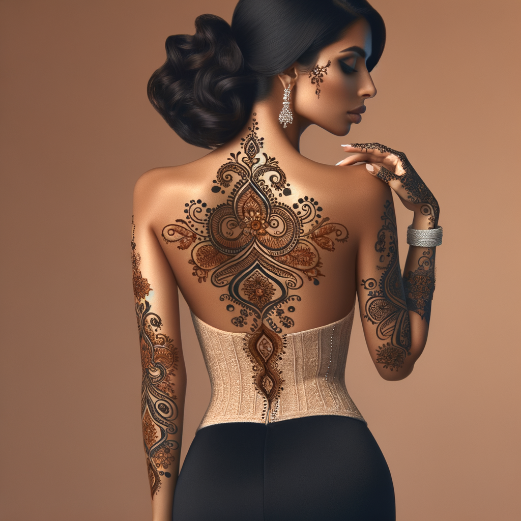 Elegant Bridal Mehndi Art for Teej Celebration 1 Beautiful Bridal mehndi design applied on a woman's back for Teej with intricate patterns and detailed motifs - rotated view