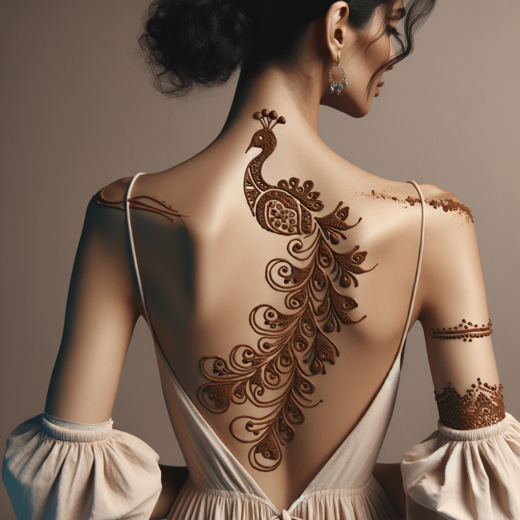 Stunning Peacock Mehndi Pattern for Navratri on Back 1 Beautiful Peacock mehndi design applied on a woman's back for Navratri with intricate patterns and detailed motifs - rotated view