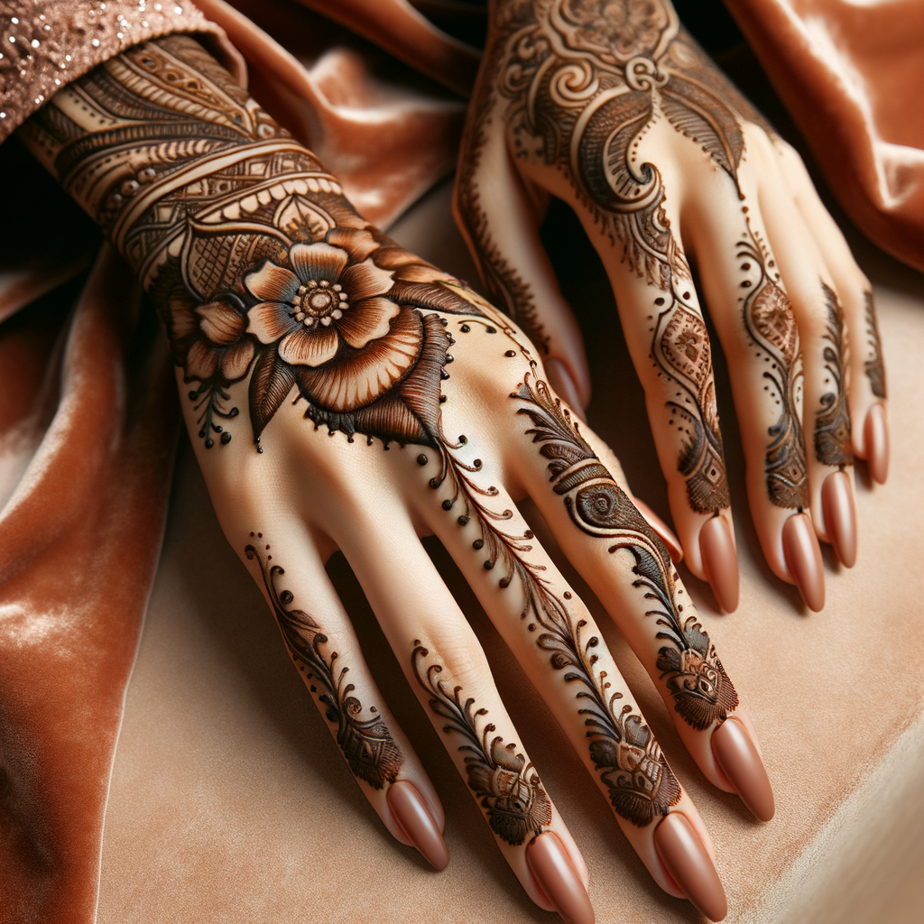 Stunning Contemporary Mehndi Pattern for Ganesh Chaturthi on Hands 1 Beautiful Contemporary mehndi design applied on a woman's hand for Ganesh Chaturthi with intricate patterns and detailed motifs - rotated view