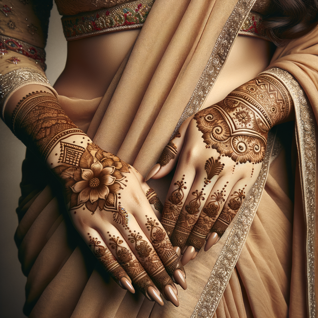 Stunning Contemporary Mehndi Pattern for Holi on Hands 1 Beautiful Contemporary mehndi design applied on a woman's hand for Holi with intricate patterns and detailed motifs - rotated view