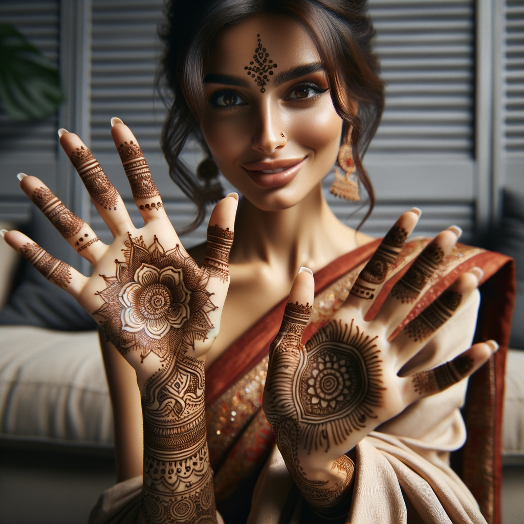 Beautiful Mandala mehndi design applied on a woman's hand for Spa Day with intricate patterns and detailed motifs - rotated view
