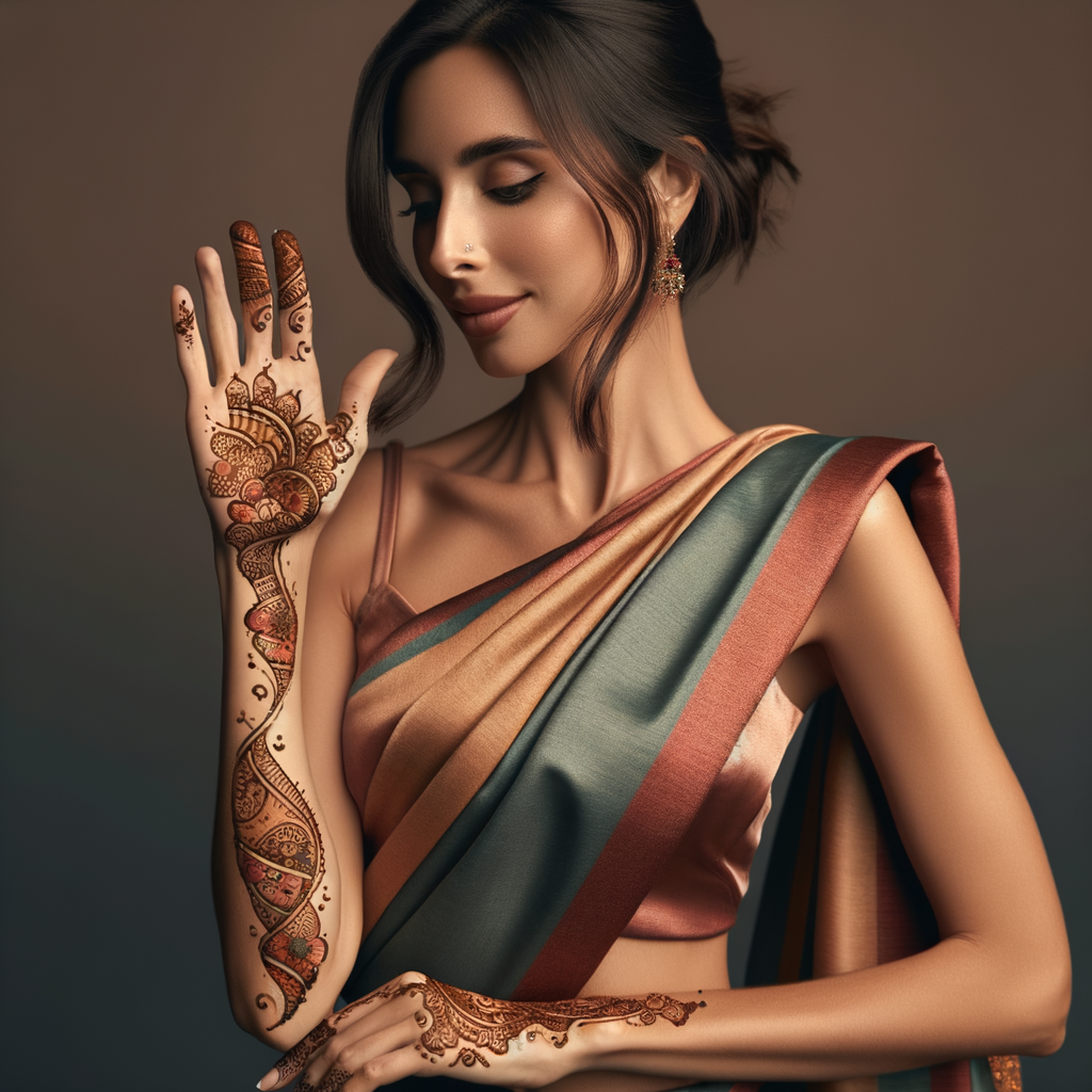 Elegant Indo-Arabic Mehndi Art for Ganesh Chaturthi Celebration 1 Beautiful Indo-Arabic mehndi design applied on a woman's hand for Ganesh Chaturthi with intricate patterns and detailed motifs - rotated view