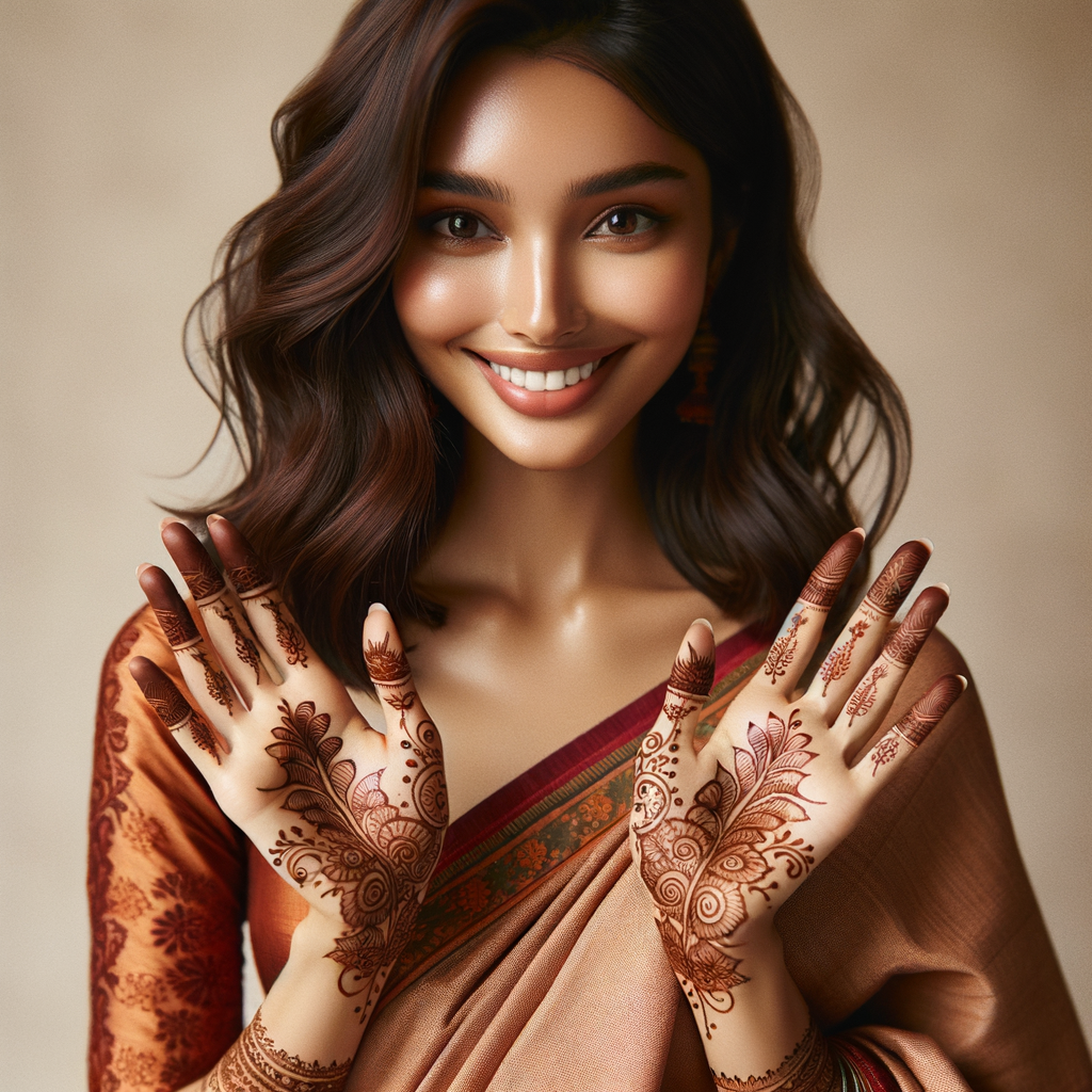 Intricate Arabic Mehndi Pattern for lifestyle and beauty 1 Beautiful Arabic mehndi design applied on a woman's hand for lifestyle and beauty with intricate patterns and detailed motifs - rotated view