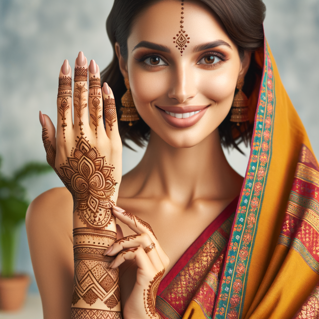 Stunning Rajasthani Mehndi Pattern for Bhai Dooj on Hands 1 Beautiful Rajasthani mehndi design applied on a woman's hand for Bhai Dooj with intricate patterns and detailed motifs - rotated view
