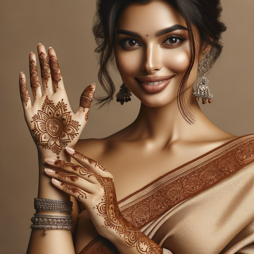 Beautiful Contemporary Mehndi Design for Festival 1 Beautiful Contemporary mehndi design applied on a woman's hand for Festival with intricate patterns and detailed motifs - rotated view