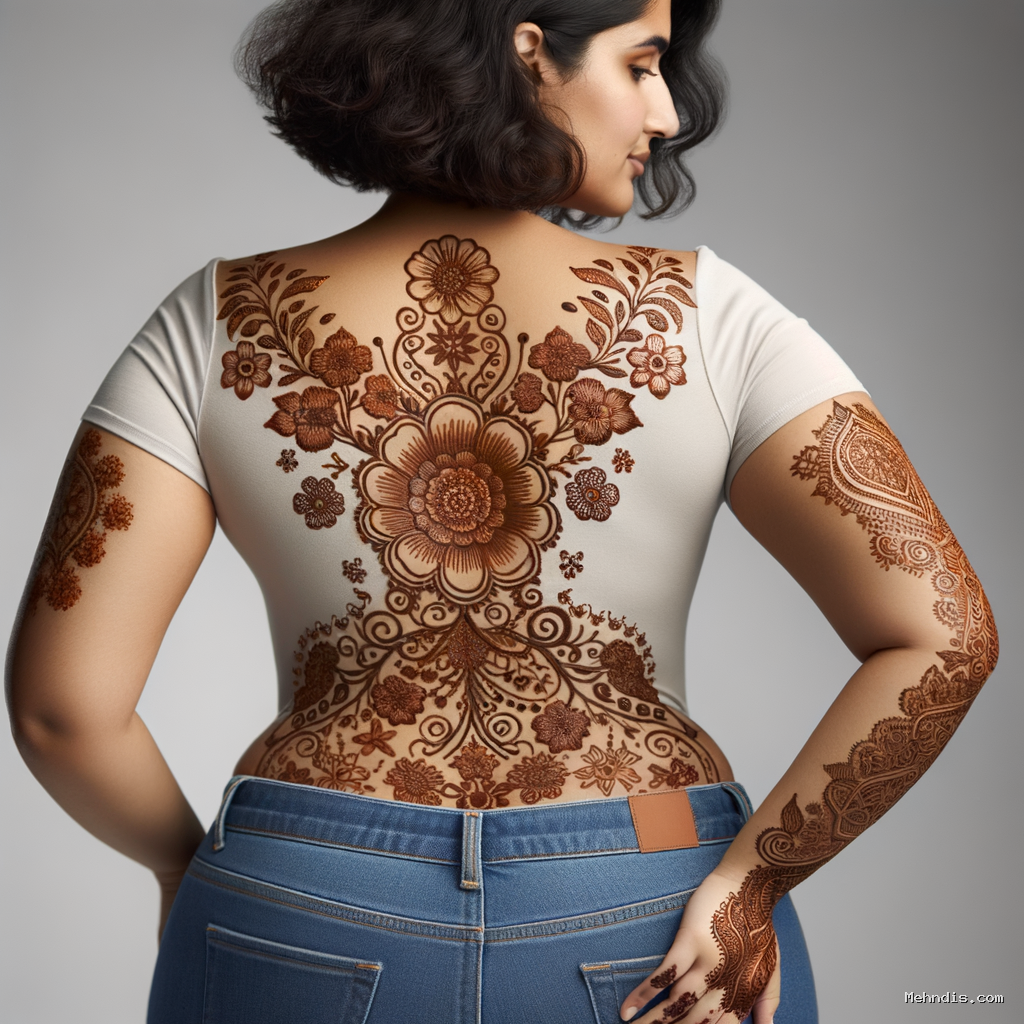 Stunning Traditional Mehndi Pattern for Celebration on Back 1 Beautiful Traditional mehndi design applied on a woman's back for Celebration with intricate patterns and detailed motifs - rotated view