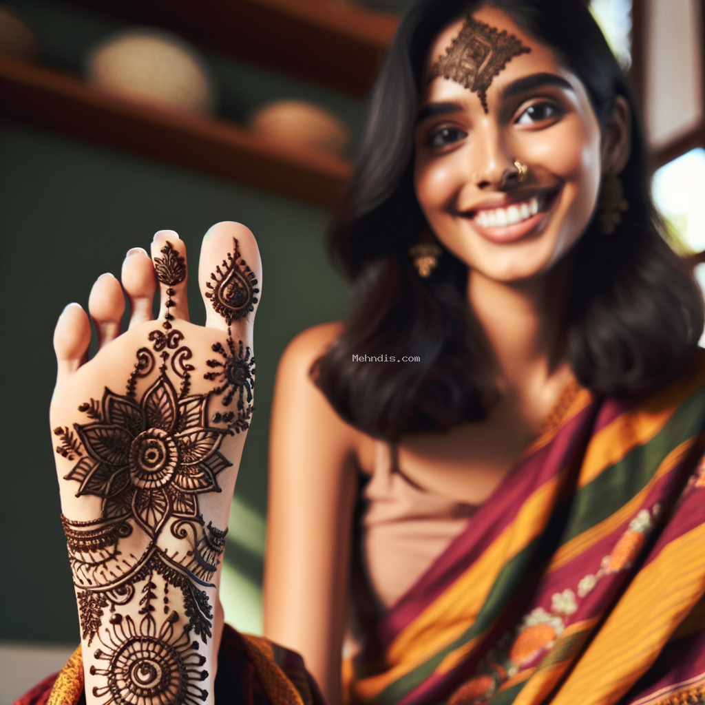 Beautiful Arabic mehndi design applied on a woman's foot for Durga Puja with intricate patterns and detailed motifs