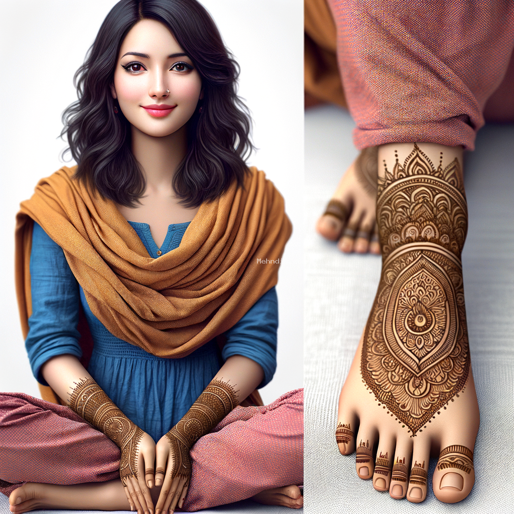 Beautiful Bharma Mehndi Design for Casual Outing 9 Beautiful Bharma mehndi design applied on a woman's foot for Casual Outing with intricate patterns and detailed motifs