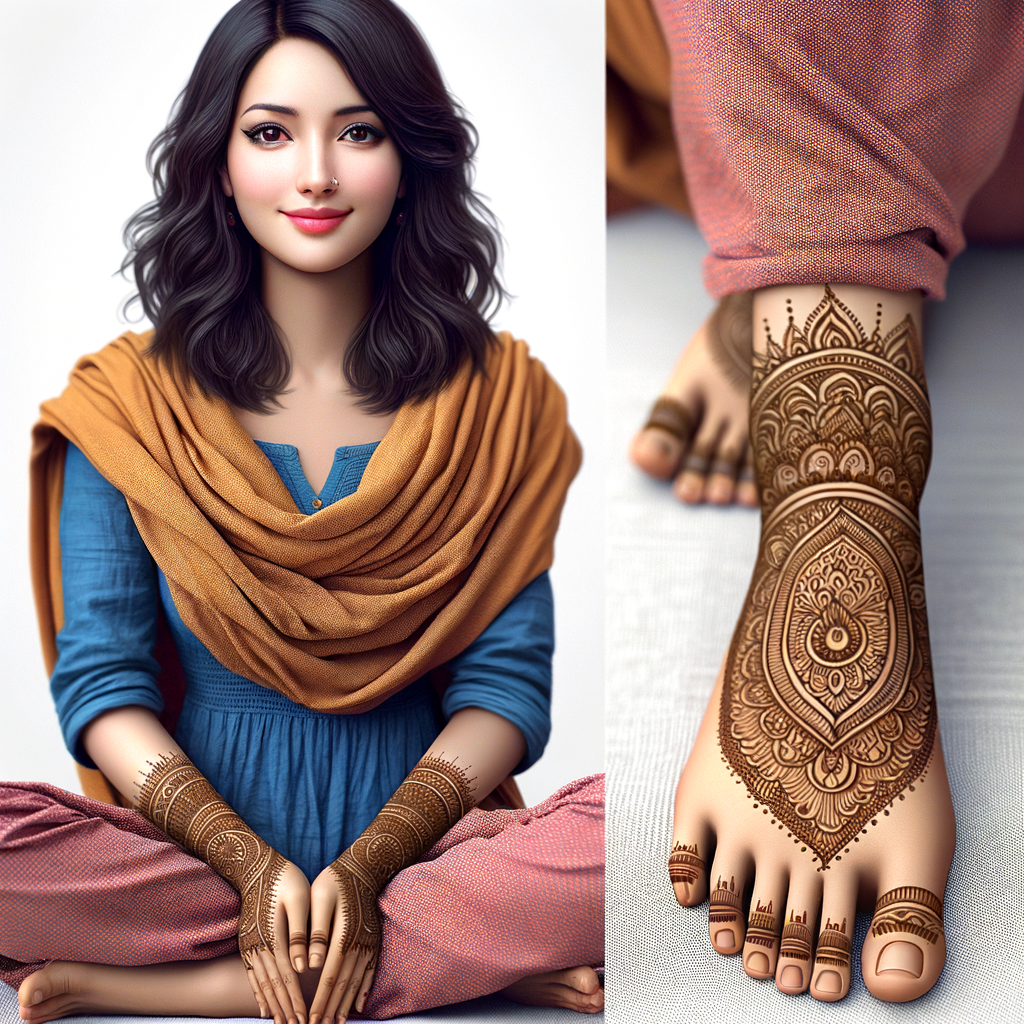 Beautiful Bharma Mehndi Design for Casual Outing 1 Beautiful Bharma mehndi design applied on a woman's foot for Casual Outing with intricate patterns and detailed motifs - rotated view