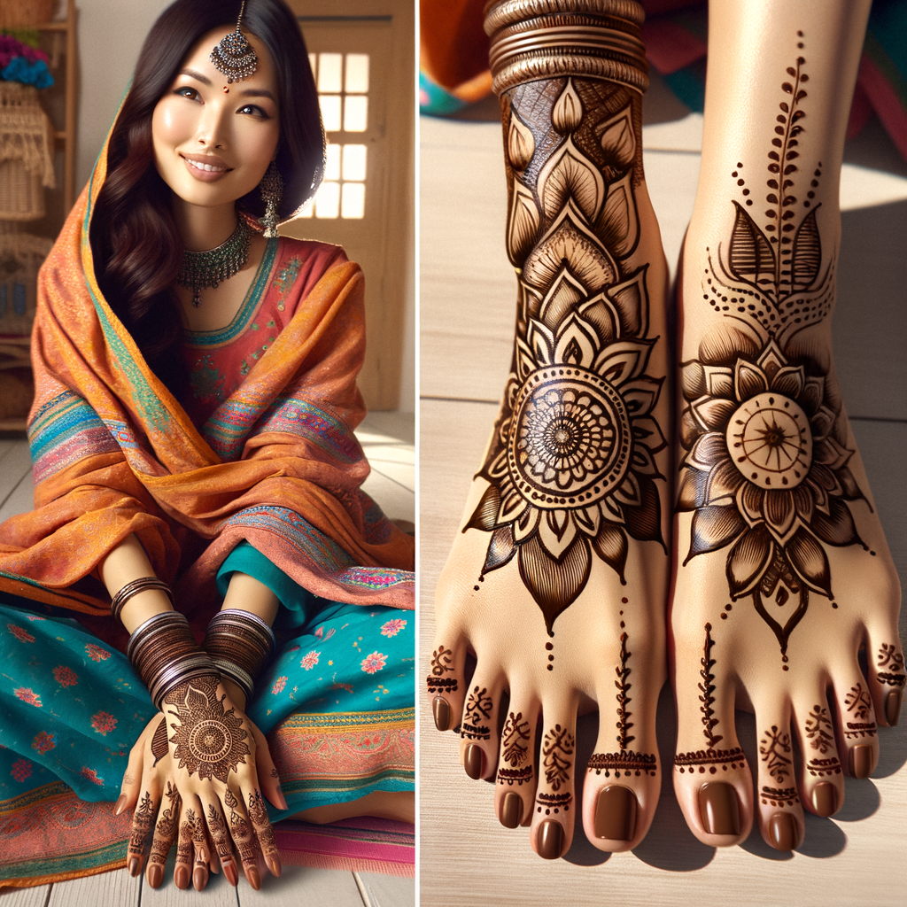 Traditional Lotus Mehndi Design for Karwa Chauth on Feet 1 Beautiful Lotus mehndi design applied on a woman's foot for Karwa Chauth with intricate patterns and detailed motifs - rotated view
